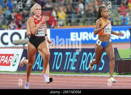 KARSTOFT Ida von Danemark und SAMUEL Jamile von der niederländischen FRAUENLIGA 200m. HALBFINALE 1 während der europäischen Leichtathletikmeisterschaft 2022 am 18. August 2022 in München – Photo Laurent Lairys / DPPI Stockfoto