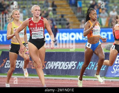 KARSTOFT Ida von Danemark, SCHWAB Corinna aus Deutschland und SAMUEL Jamile aus den Niederlanden HALBFINALE 200m DER FRAUEN 1 bei der Europameisterschaft der Leichtathletik 2022 am 18. August 2022 in München - Photo Laurent Lairys / DPPI Stockfoto