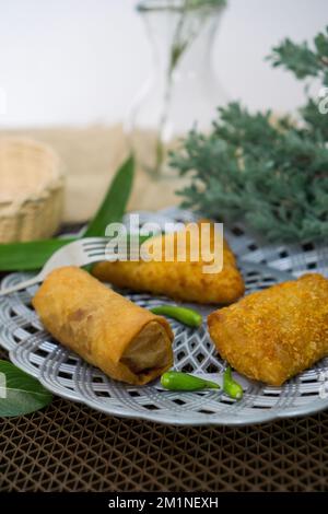 Rougut, Lumpia und Risol geräuchertes Rindfleisch, traditionelles indonesisches Essen auf weißem Teller Stockfoto