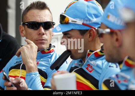 20120920 – VALKENBURG, NIEDERLANDE: Belgischer Philippe Gilbert vom BMC Racing Team und belgischer Bjorn Leukemans von Vacansoleil-DMC, abgebildet in einer Pause ein Training vor dem Road Race bei der UCI Road World Cycling Championships, Donnerstag, den 20. September 2012 in Valkenburg, Niederlande. BELGA FOTO KRISTOF VAN ACCOM Stockfoto