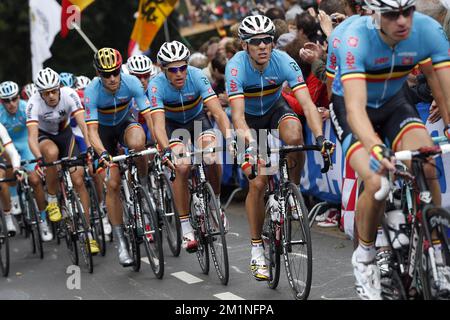 20120923 - VALKENBURG, NIEDERLANDE: Belgischer nationaler Champion Tom Boonen vom Team Omega Pharma - Quick Step, belgischer Greg van Avermaet vom BMC Racing Team, Der belgische Philippe Gilbert vom BMC Racing Team und der belgische Jurgen Roelandts von Lotto – Belisol wurden während des Elite-Herrenrenrenrenrenrenrenrenrennen 276km bei der UCI Road World Cycling Championships in Valkenburg, Niederlande, am Sonntag, den 23. September 2012, fotografiert. BELGA FOTOPOOL BAS CZERWINSKI Stockfoto