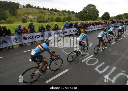 20120923 Uhr - VALKENBURG, NIEDERLANDE: Mitglieder der belgischen Mannschaft, die während des Elite-Männerrennen 276km bei der UCI Road World Cycling Championships in Valkenburg (Niederlande) am Sonntag, den 23. September 2012, fotografiert wurden. BELGA FOTO DIRK WAEM Stockfoto