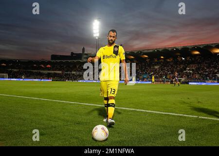 20120920 – BORDEAUX, FRANKREICH: Victor Vazquez Solsona des Vereins reagiert auf der ersten Etappe des ersten Spiels der Europa League zwischen dem belgischen Fußballteam Club Brügge und dem französischen Team FC Girondins de Bordeaux, Donnerstag, den 20. September 2012 in Bordeaux, Frankreich. BELGA FOTO BRUNO FAHY Stockfoto