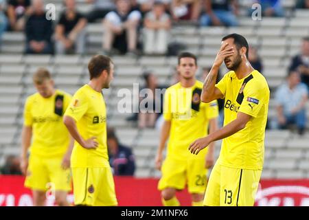 20120920 – BORDEAUX, FRANKREICH: Victor Vazquez Solsona des Vereins reagiert auf der ersten Etappe des ersten Spiels der Europa League zwischen dem belgischen Fußballteam Club Brügge und dem französischen Team FC Girondins de Bordeaux, Donnerstag, den 20. September 2012 in Bordeaux, Frankreich. BELGA FOTO BRUNO FAHY Stockfoto