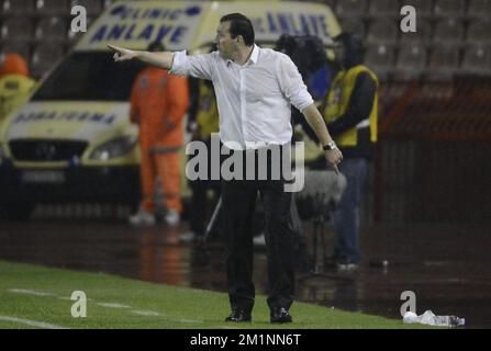 20121012 – BELGRAD, SERBIEN: Belgischer Cheftrainer Marc Wilmots, Foto während des Qualifikationsspiels zwischen Serbien und den belgischen Red Devils, Freitag, den 12. Oktober 2012 in Belgrad, Republik Serbien. Dies ist das dritte von zehn Qualifikationsspielen für die Fußball-Weltmeisterschaft 2014. BELGA FOTO DIRK WAEM Stockfoto