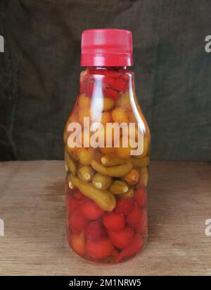 Vier Sorten Paprika. 200 g Glas mit vier Paprika-Sorten, in Essig und Salz konserviert. Stockfoto