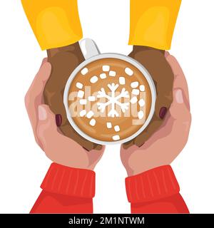 Frauen und Männer halten Kaffeetassen mit Latte Art und Marshmallow. Cappuccino Crema mit Schneeflockenform. Draufsicht. Flache Cartoon-Vektordarstellung Stock Vektor
