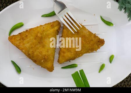 Rougut, Lumpia und Risol geräuchertes Rindfleisch, traditionelles indonesisches Essen auf weißem Teller Stockfoto