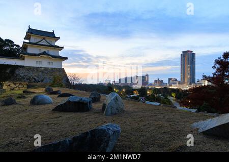 Der Himmel über der historischen japanischen Burg und dem modernen Turm ist in Farbe vor der Morgendämmerung gehalten Stockfoto