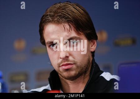 20121107 Uhr - BRÜGGE, BELGIEN: Newcastle-Torwart Tim Krul, auf einer Pressekonferenz des englischen Newcastle United F.C., am Mittwoch, den 07. November 2012, vor dem vierten Europa-League-Spiel der Gruppe D, gegen den Club Brügge KV morgen. BELGA FOTO BRUNO FAHY Stockfoto