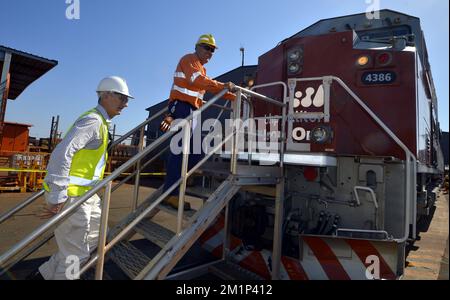 20121120 - PORT HEDLAND, AUSTRALIEN: Kronprinz Philippe von Belgien betritt die Lokomotive während eines Besuchs der BHP-Aktivitäten Nelson Point Iron Ore Port am dritten Tag einer Wirtschaftsmission nach Australien und Neuseeland, Dienstag, den 20. November 2012. BELGA FOTO ERIC LALMAND Stockfoto