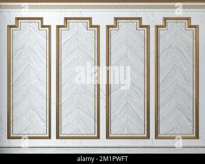 3D Abbildung. Wandschrank aus weißem Marmor mit klassischem Art déco-Hintergrund. Stockfoto