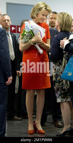 Prinzessin Mathilde von Belgien, das königliche Paar nimmt an der offiziellen Eröffnung einer neuen Erweiterung von Technopolis Teil, Xplora und Inspirience, Freitag, den 17. Mai 2013. Technopolis, flämisches Interactice Center für Wissenschaft, erweitert seine Fläche von 1/3 mit diesen zwei neuen Zonen. Stockfoto