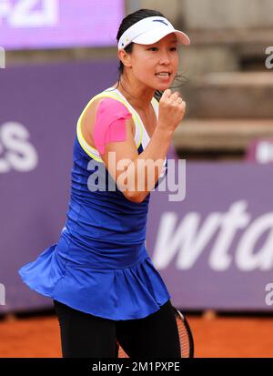 Der chinesische Jie Zheng feiert während der ersten Runde des Spiels der dänischen Caroline Wozniacki und der chinesischen Jie Zheng auf der WTA Brussels Open am Mittwoch, den 22. Mai 2013 in Brüssel. BELGA PHOTO VIRGINIE LEFOUR Stockfoto