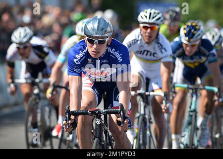 20130525 Uhr - LACS DE L'EAU D'HEURE, BELGIEN: Deutscher Andre Greipel von Lotto - Belisol überquert die Ziellinie während der vierten Etappe des Radrennens von Belgium Tour, 164,3km km von und nach Lacs de l'Eau d'Heure, Samstag, 25. Mai 2013. BELGA FOTO DAVID STOCKMAN Stockfoto