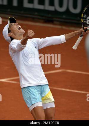 Die italienische Francesca Schiavone feiert nach dem Sieg des Spiels zwischen der italienischen Francesca Schiavone (WTA 50) und der belgischen Kirsten Flipkens (WTA 21) in der zweiten Runde des Turniers Roland Garros 2013 im Roland Garros Stadion in Paris, Freitag, den 31. Mai 2013. Das Tennisturnier Roland Garros Grand Slam findet vom 21. Mai bis 09. Juni 2013 statt. BELGA FOTO ERIC LALMAND Stockfoto