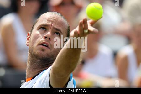 Der belgische Xavier Malisse in Aktion während des Spiels zwischen David Ferrer aus Spanien und Xavier Malisse aus Belgien während des Topshelf Open WTA/ATP-Tennisturniers in Rosmalen, Niederlande, Dienstag, 18. Juni 2013. Stockfoto