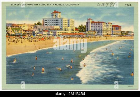 Badende genießen die Surf, Santa Monica, Kalifornien, Strände, Tichnor Brothers Collection, Postkarten der Vereinigten Staaten Stockfoto