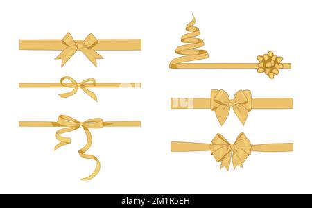 Goldenes Geschenkband mit Schleifen in verschiedenen Formen. Stock Vektor