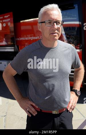 Pressesprecher von BMC Georges Luchinger bildete vor der siebten Etappe des Radrennen Tour de France 100., 205km von Montpellier nach Albi, Frankreich, am Freitag, den 05. Juli 2013. Stockfoto