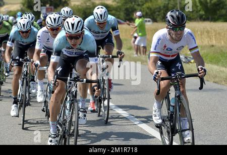 Deutsch Tony Martin vom Team Omega Pharma – Quick Step und British Mark Cavendish vom Team Omega Pharma – Quick Step, abgebildet in der dreizehnten Etappe der 100.. Ausgabe des Radrennen Tour de France, 173km von Tours nach Saint-Amand-Montrond, Frankreich, am Freitag, den 12. Juli 2013. Stockfoto