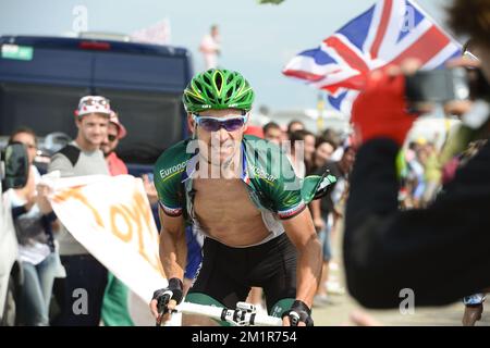 Der französische Thomas Voeckler von Team Europcar wurde am Sonntag, den 14. Juli 100. 2013, in der 15. Etappe des Radrennens Tour de France 242km von Givors nach Mont Ventoux, Frankreich, gezeigt. Stockfoto