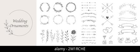 Handgezeichnete Hochzeitskollektion Mit Zierelementen. Satz von Elementen für Einladungs- und Grußkarten mit Vektorgrafik. Klassisches Vintage-Design. Trennwände Stock Vektor