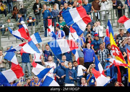 Französische Fans wurden vor einem Freundschaftsspiel der belgischen Nationalmannschaft Red Devils gegen die französische Nationalmannschaft am Mittwoch, den 14. August 2013 im King-Baudouin-Stadion (Stade ROI Baudouin/Koning Boudewijnstadion) in Brüssel fotografiert. Stockfoto