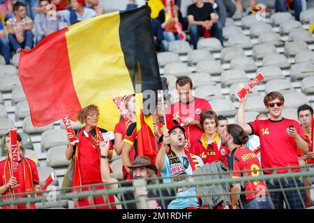 Belgische Fans wurden vor einem Freundschaftsspiel der belgischen Nationalmannschaft Red Devils gegen die französische Nationalmannschaft am Mittwoch, den 14. August 2013 im King-Baudouin-Stadion (Stade ROI Baudouin/Koning Boudewijnstadion) in Brüssel fotografiert. Stockfoto