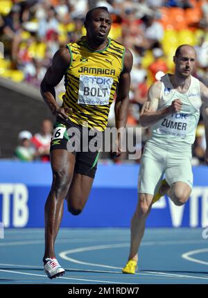 Jamaikaner Usain Bolt in Aktion während der Herrenrenrenrenmeisterschaft 200m bei der Leichtathletik-Weltmeisterschaft im Luzhniki-Stadion in Moskau, Russland, Freitag, den 16. August 2013. Die Weltmeisterschaften finden vom 10. Bis 18. August statt. Stockfoto