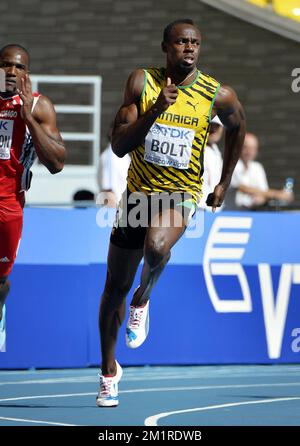 Jamaikaner Usain Bolt in Aktion während der Herrenrenrenrenmeisterschaft 200m bei der Leichtathletik-Weltmeisterschaft im Luzhniki-Stadion in Moskau, Russland, Freitag, den 16. August 2013. Die Weltmeisterschaften finden vom 10. Bis 18. August statt. Stockfoto