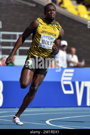 Jamaikaner Usain Bolt in Aktion während der Herrenrenrenrenmeisterschaft 200m bei der Leichtathletik-Weltmeisterschaft im Luzhniki-Stadion in Moskau, Russland, Freitag, den 16. August 2013. Die Weltmeisterschaften finden vom 10. Bis 18. August statt. Stockfoto