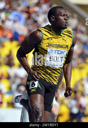 Jamaikaner Usain Bolt in Aktion während der Herrenrenrenrenmeisterschaft 200m bei der Leichtathletik-Weltmeisterschaft im Luzhniki-Stadion in Moskau, Russland, Freitag, den 16. August 2013. Die Weltmeisterschaften finden vom 10. Bis 18. August statt. Stockfoto