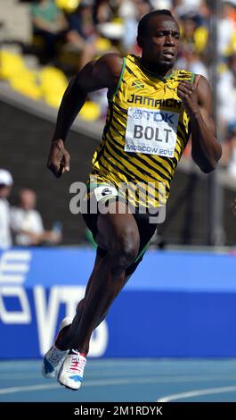 Jamaikaner Usain Bolt in Aktion während der Herrenrenrenrenmeisterschaft 200m bei der Leichtathletik-Weltmeisterschaft im Luzhniki-Stadion in Moskau, Russland, Freitag, den 16. August 2013. Die Weltmeisterschaften finden vom 10. Bis 18. August statt. Stockfoto