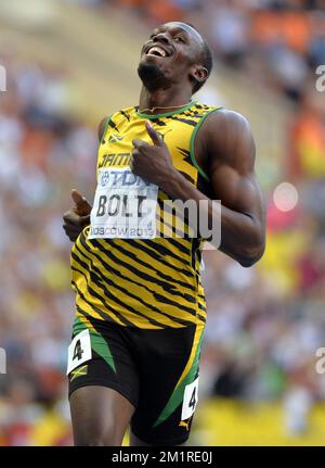 Jamaikaner Usain Bolt in Aktion während des Halbfinals der Herren 200m bei der Leichtathletik-Weltmeisterschaft im Luzhniki-Stadion in Moskau, Russland, Freitag, den 16. August 2013. Die Weltmeisterschaften finden vom 10. Bis 18. August statt. Stockfoto