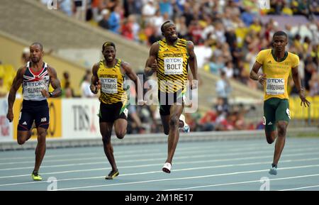 Jamaikaner Usain Bolt in Aktion während des Halbfinals der Herren 200m bei der Leichtathletik-Weltmeisterschaft im Luzhniki-Stadion in Moskau, Russland, Freitag, den 16. August 2013. Die Weltmeisterschaften finden vom 10. Bis 18. August statt. Stockfoto