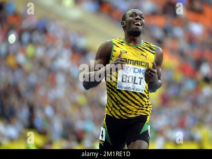 Jamaikaner Usain Bolt in Aktion während des Halbfinals der Herren 200m bei der Leichtathletik-Weltmeisterschaft im Luzhniki-Stadion in Moskau, Russland, Freitag, den 16. August 2013. Die Weltmeisterschaften finden vom 10. Bis 18. August statt. Stockfoto