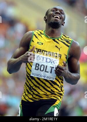 Jamaikaner Usain Bolt in Aktion während des Halbfinals der Herren 200m bei der Leichtathletik-Weltmeisterschaft im Luzhniki-Stadion in Moskau, Russland, Freitag, den 16. August 2013. Die Weltmeisterschaften finden vom 10. Bis 18. August statt. Stockfoto