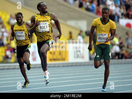 Jamaikaner Usain Bolt in Aktion während des Halbfinals der Herren 200m bei der Leichtathletik-Weltmeisterschaft im Luzhniki-Stadion in Moskau, Russland, Freitag, den 16. August 2013. Die Weltmeisterschaften finden vom 10. Bis 18. August statt. Stockfoto