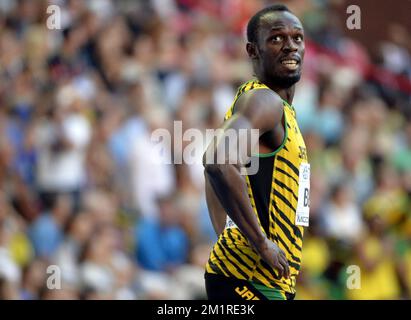 Jamaikaner Usain Bolt in Aktion während des Halbfinals der Herren 200m bei der Leichtathletik-Weltmeisterschaft im Luzhniki-Stadion in Moskau, Russland, Freitag, den 16. August 2013. Die Weltmeisterschaften finden vom 10. Bis 18. August statt. Stockfoto