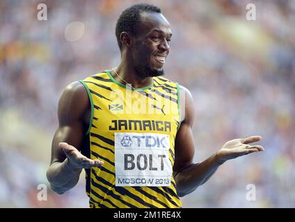 Jamaikaner Usain Bolt in Aktion während des Halbfinals der Herren 200m bei der Leichtathletik-Weltmeisterschaft im Luzhniki-Stadion in Moskau, Russland, Freitag, den 16. August 2013. Die Weltmeisterschaften finden vom 10. Bis 18. August statt. Stockfoto