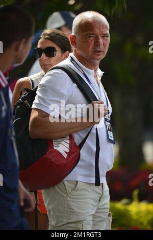 David Goffins Vater Michel zeigte sich während des ersten Mannschaftsspiels zwischen dem belgischen David Goffin (ATP 72) und dem ukrainischen Alexandr Dolgopolov (ATP 37) beim US Open Grand Slam Tennis Turnier in Flushing Meadows in New York City, USA, Mittwoch, den 28. August 2013. BELGA FOTO YORICK JANSENS Stockfoto