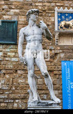 Michelangelos David (Nachbildung) steht am Eingang zum Palazzo Vecchio auf der Piazza della Signoria in Florenz, Toskana, Italien Stockfoto