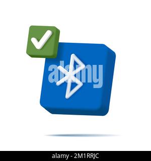Bluetooth-Symbol, 3D-Zeichen auf blauem Würfel mit grünem Häkchen, verbunden Stock Vektor