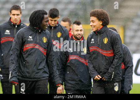 20131013 – BRÜSSEL, BELGIEN: Belgischer Romelu Lukaku, belgischer Steven Defour und belgischer Axel Witsel, abgebildet in einem Training der belgischen Fußballnationalmannschaft Red Devils am Sonntag, den 13. Oktober 2013 in Neerpede, Brüssel. Die Red Devils gewannen ihr Qualifikationsspiel in Kroatien für die FIFA-Weltmeisterschaft 2014 am 11.. Oktober und sind sich nun sicher, dass sie nach Brasilien gehen werden. BELGA FOTO BRUNO FAHY Stockfoto