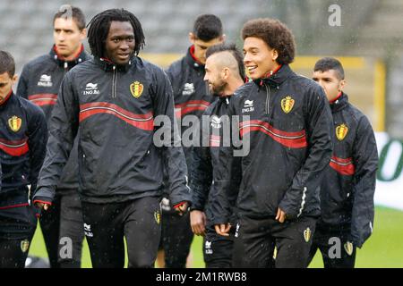 20131013 – BRÜSSEL, BELGIEN: Belgischer Romelu Lukaku und belgischer Axel Witsel, die am Sonntag, den 13. Oktober 2013 in Neerpede, Brüssel, während eines Trainings der belgischen Fußballnationalmannschaft Red Devils gezeigt wurden. Die Red Devils gewannen ihr Qualifikationsspiel in Kroatien für die FIFA-Weltmeisterschaft 2014 am 11.. Oktober und sind sich nun sicher, dass sie nach Brasilien gehen werden. BELGA FOTO BRUNO FAHY Stockfoto