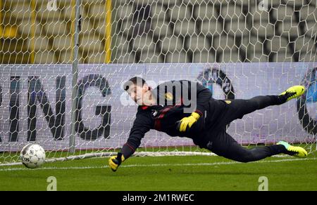 Der belgische Torhüter Thibaut Courtois tritt am Montag, den 14. Oktober 2013 in Neerpede, Brüssel, während eines Trainings der belgischen Fußballmannschaft Red Devils in Aktion. Am 15.. Oktober spielen die Red Devils ein Qualifikationsspiel für die FIFA-Weltmeisterschaft 2014 gegen Wales. Stockfoto