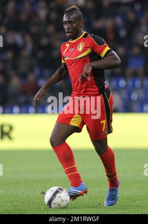 Der belgische Paul-Jose Mpoku wurde während des Qualifikationsspiels für Europa unter 21 Jahren in der Gruppe 9 zwischen Belgien und Italien am Montag, den 14. Oktober 2013, in Genk, Belgien, abgebildet. Es ist das fünfte von acht Spielen in der Qualifikationsphase. Stockfoto