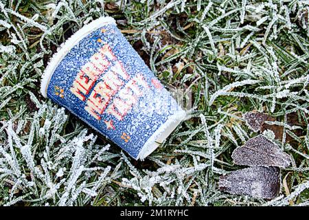 Glasgow, Schottland, Vereinigtes Königreich 13. Dezember 2022. Gefrorene Flasche UK Weather: Bei Temperaturen unter dem Gefrierpunkt kam es zu einem überfrierenden Nebel mit einer Sicht von bis zu 100 Metern. Hoar Frost, auch Heiserfrost, Strahlungsfrost oder Pruina, bezieht sich auf weiße Eiskristalle, die sich auf dem Boden ablagern oder lose an freiliegenden Objekten wie Drähten oder Blättern im Norden der Stadt befestigt sind. Credit Gerard Ferry/Alamy Live News Stockfoto