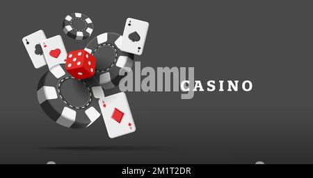 3D Würfel schwarze Spielkarten vier Asse und fallende Poker-Chips in Schwarz-Rot und Weiß. Casino-Poster mit Render-Komposition. Stock Vektor